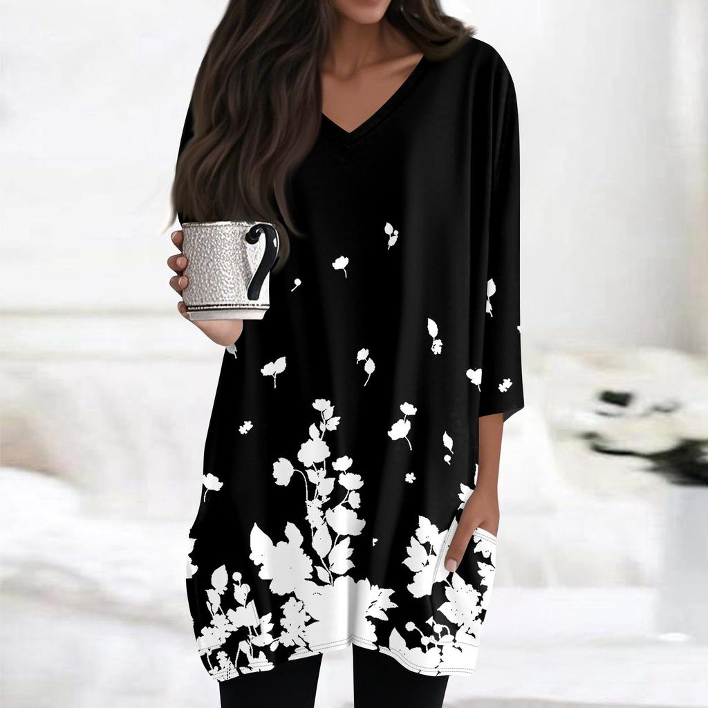Womens Tops V-neck 3/4 Sleeve Blouses Casual Mid-length Shirts Fashion Print Tunic Tops With Pockets