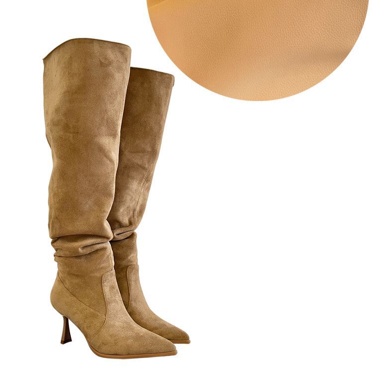 Женские сапоги с широким голенищем, облегающие сапоги с острым носком, абрикосовые сапоги большого размера, сапоги на тонком высоком каблуке, сапоги до колена на высоком каблуке