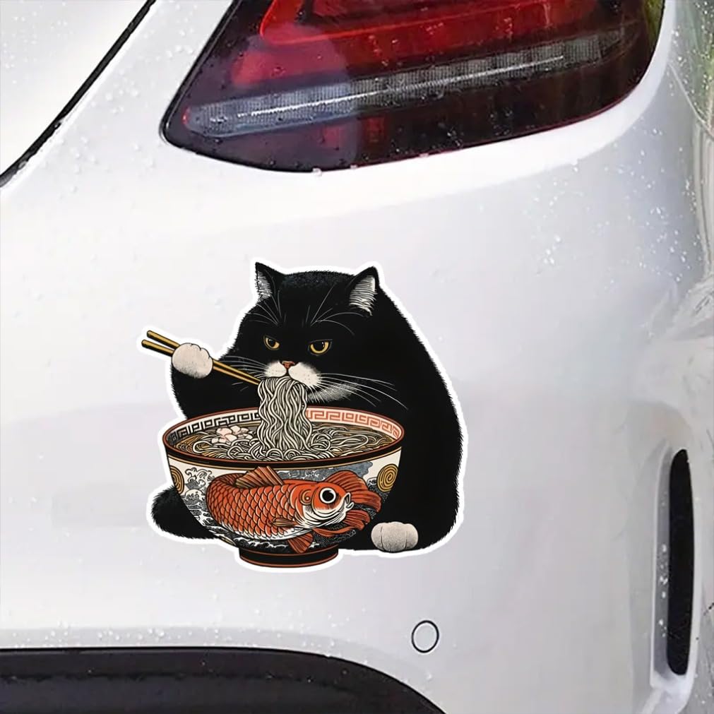 2 шт. 13x12см Черный кот ест рамен Смешная водонепроницаемая виниловая наклейка на автомобиль Наружный декор