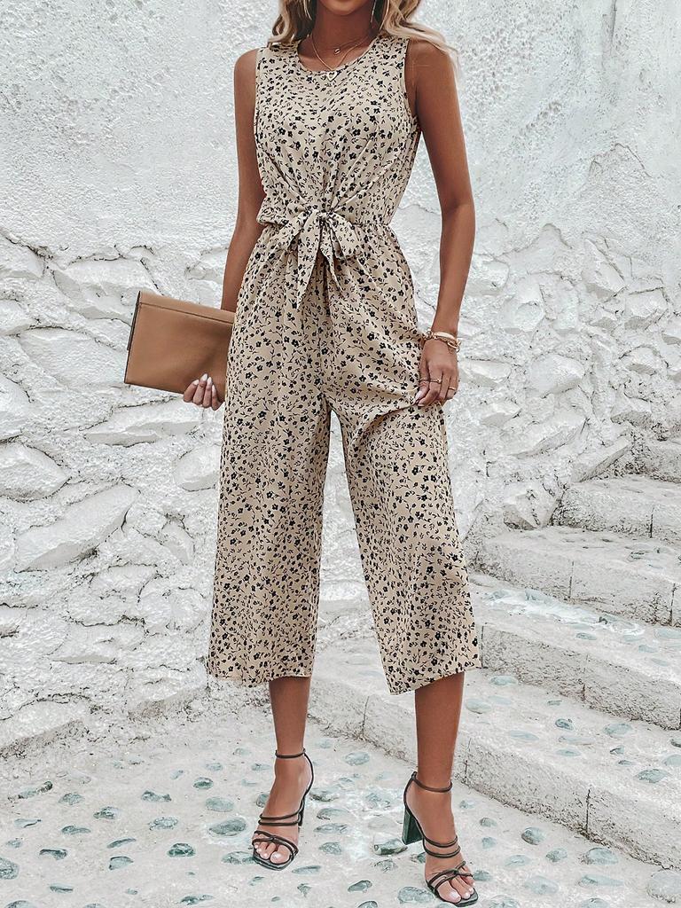 2026 New Fashion Women's Floral Print Sleeveless O-neck Jumpsuit Casual Vacation Beach Ankle-length Pant Jumpsuits with Belt