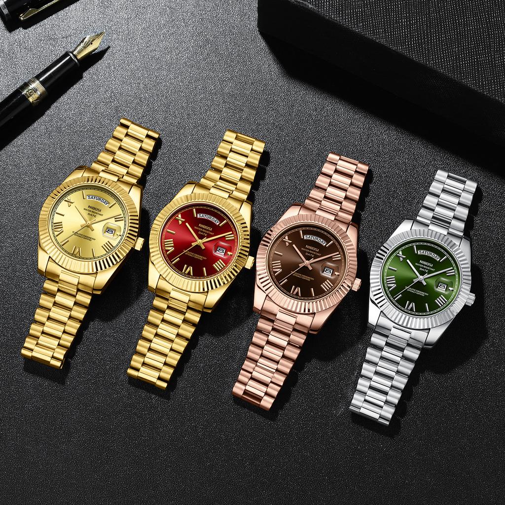 Luxury Golden Red Quartz Watch for Men Stainless Steel Waterproof Luminous Date Week Fashion Men Watches Reloj Hombre