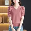 Summer Women Solid Knitted Short Sleeve T-Shirts Korean Fashion New Ice Silk V-Neck All-match Pullover Basic Loose Casual Tops