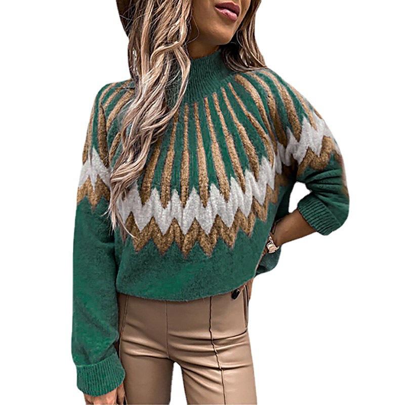 Women's Long Sleeve Turtleneck Geometric Pattern Loose Casual Sweater