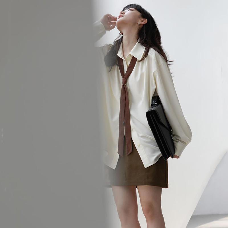 Винтажные женские блузки в стиле Харадзюку, шикарные базовые рубашки с длинными рукавами в корейском стиле и галстуком, свободные Эстетические женские повседневные рубашки в стиле ретро