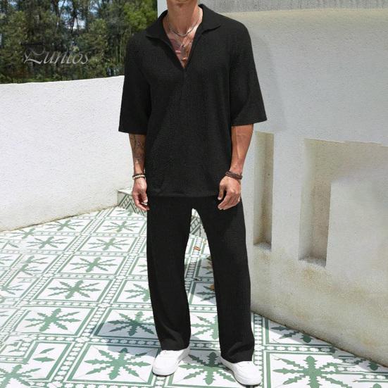 Мужской повседневный наряд из 2 шт./компл., топы с v-образным вырезом и лацканами и короткими рукавами, длинные брюки с широкими карманами, однотонный комплект для отдыха