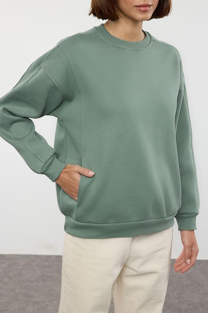 Women's Fashionable Stylish Sweatshirt Mint Oversize Wide Fit Pocket Thick Crew Neck Knitted Sweatshirt