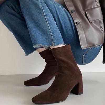 Модная женская обувь на распродаже 2024 Бренд Ботильоны Женские Модные Современные Ботинки Женские Швы Задняя Молния Массивный Каблук Обувь Женская