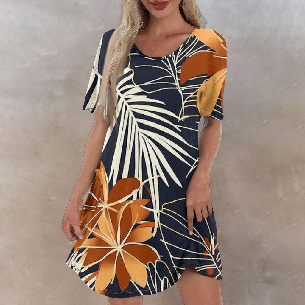 Женское повседневное и модное платье средней длины с V-образным вырезом и коротким рукавом с принтом