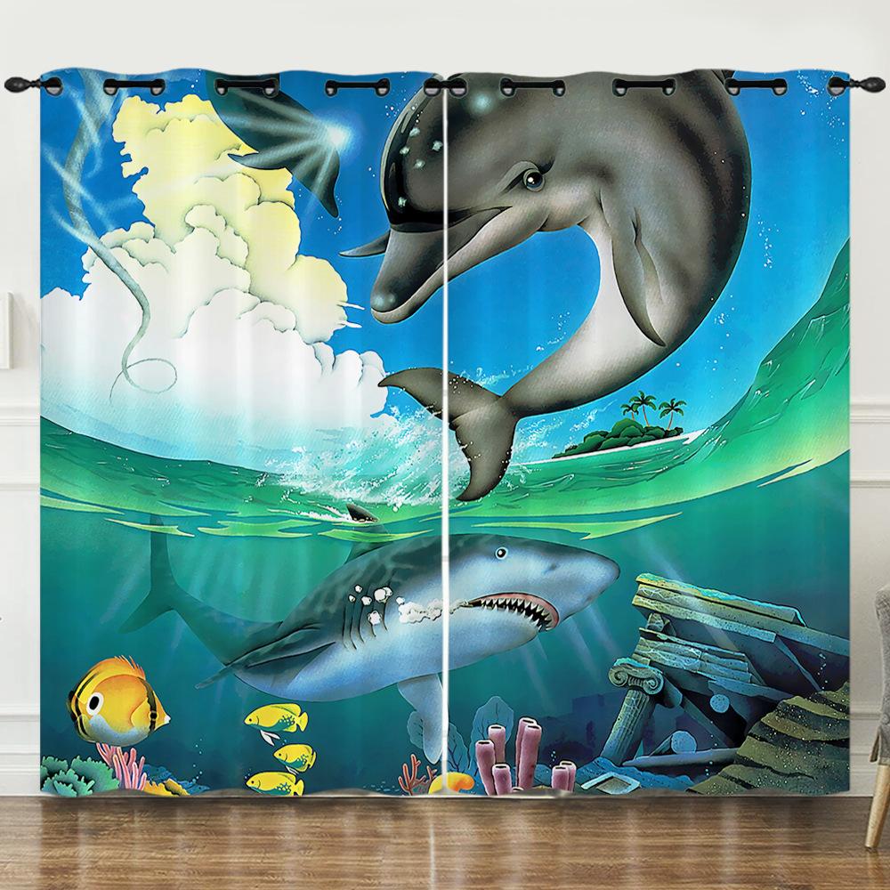Curtain Illustration Marine Life Shark 3D Digital Printing Blackout Curtain Punching