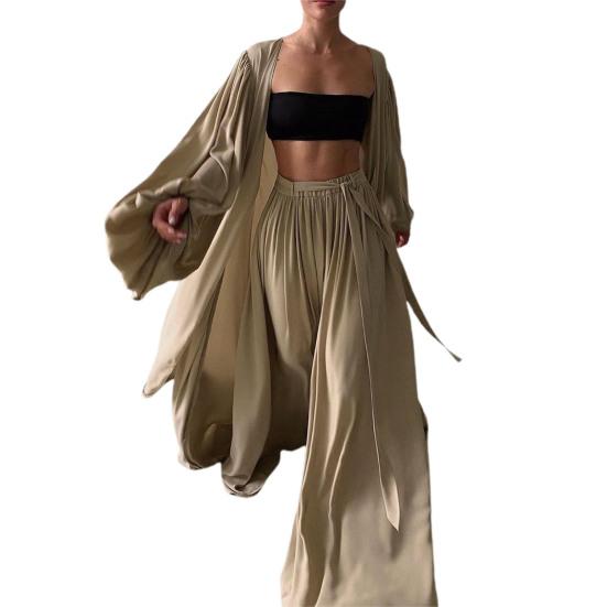 Women Solid Color Long Sleeve Cardigan Tube Top Wide Leg Pants Three Pieces Set