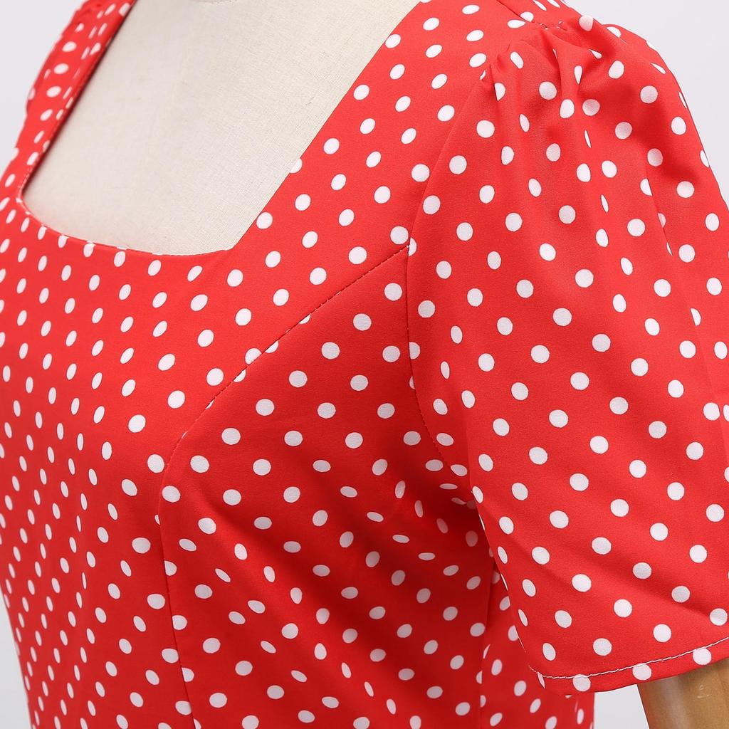 Retro Women's Square Neck Short Sleeve Polka Dot Print Lace Up Waist Big Swing Dress
