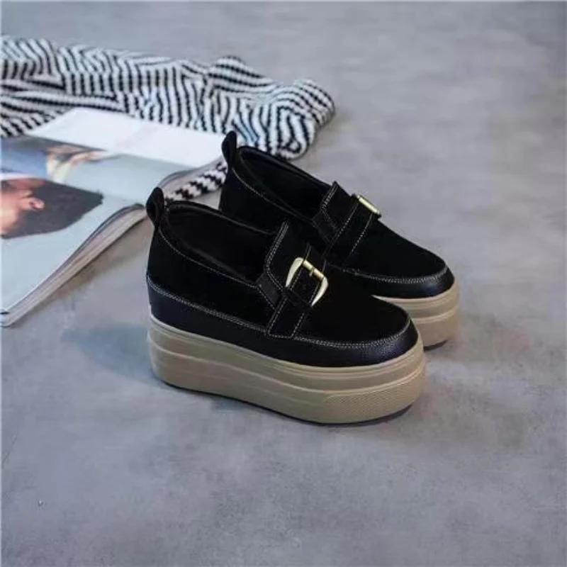 Туфли на толстой подошве женские весенние новые из натуральной кожи универсальные черные повседневные высокие женские туфли на платформе кроссовки высокие (5-8 см