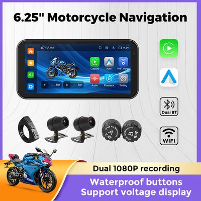 Беспроводной CarPlay Moto Android Auto 6,25-дюймовый мотоцикл GPS-навигатор USB IP67 Водонепроницаемая Linux-система Dual BT Dual CAM Recorde