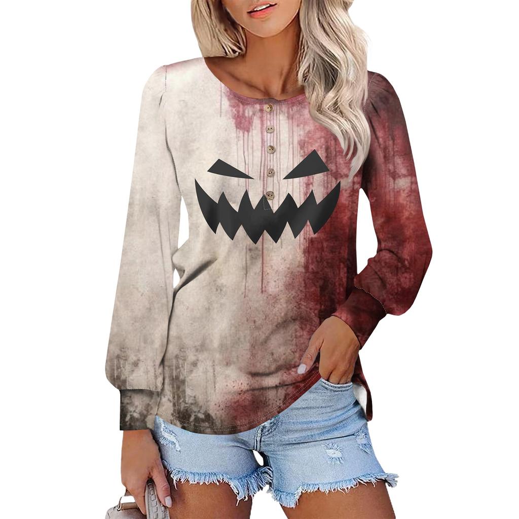 Women's Long Sleeve Round Neck T-Shirts Halloween  Print Puff Sleeve Shirts Button Blouses Tops