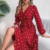 Autumn Winter Women Long Sleeve Dot Pleated High Waist A Line Long Dress