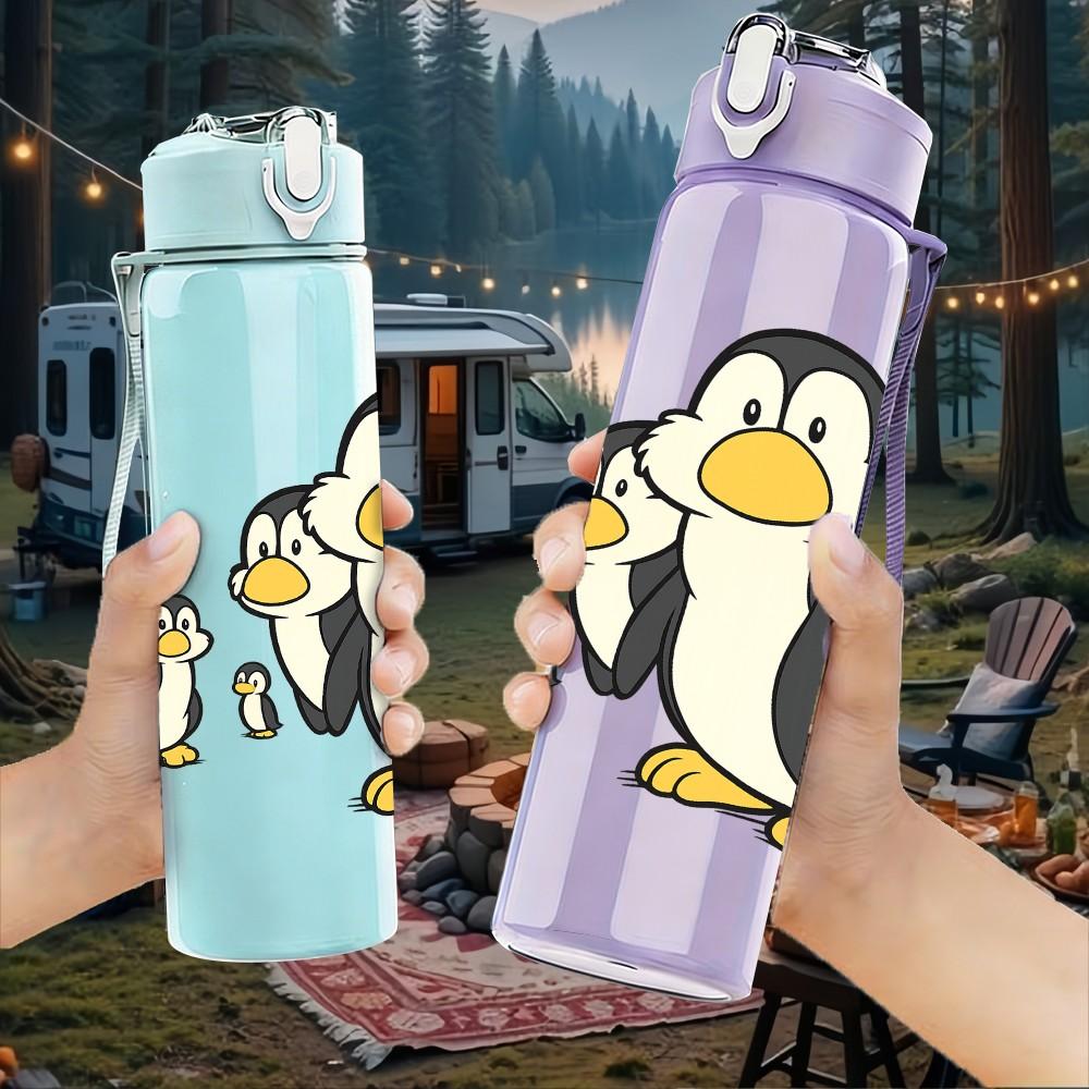 1PC Family Penguin Cartoon 750ml Color Plastic Sports Water Bottle Leakproof Flip Straw Lid Suitable for Sports Office Home Use
