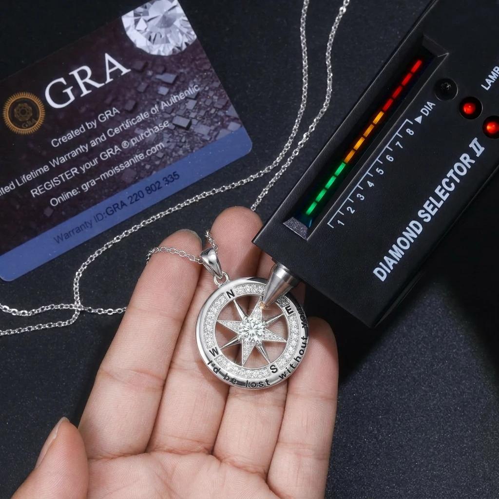 VVS Moissanite Compass Pendant S925 Silver Engraved Love Message Women Necklace