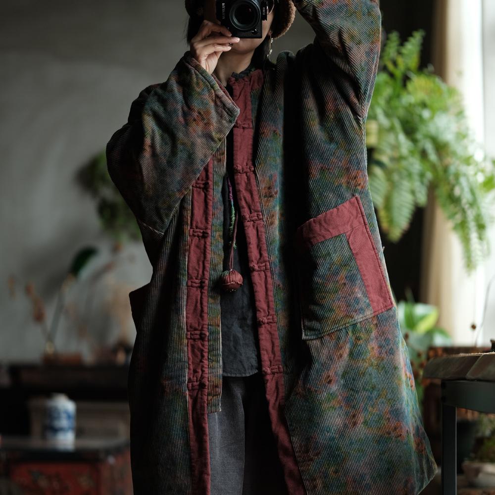 Johnature Women Vintage Red Floral Corduroy Warm Button Long Sleeve Pockets Coats Winter Chinese Style Coats