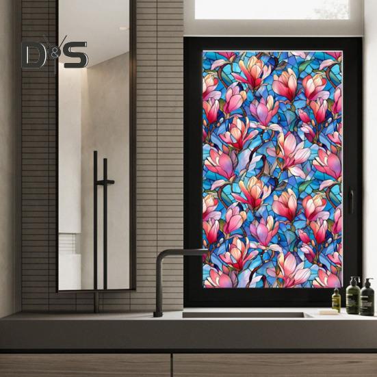 Stained Glass Static Window Film Vintage Flower Privacy Protection Sun Blocking Glass Cling Waterproof PVC Window Covering Film