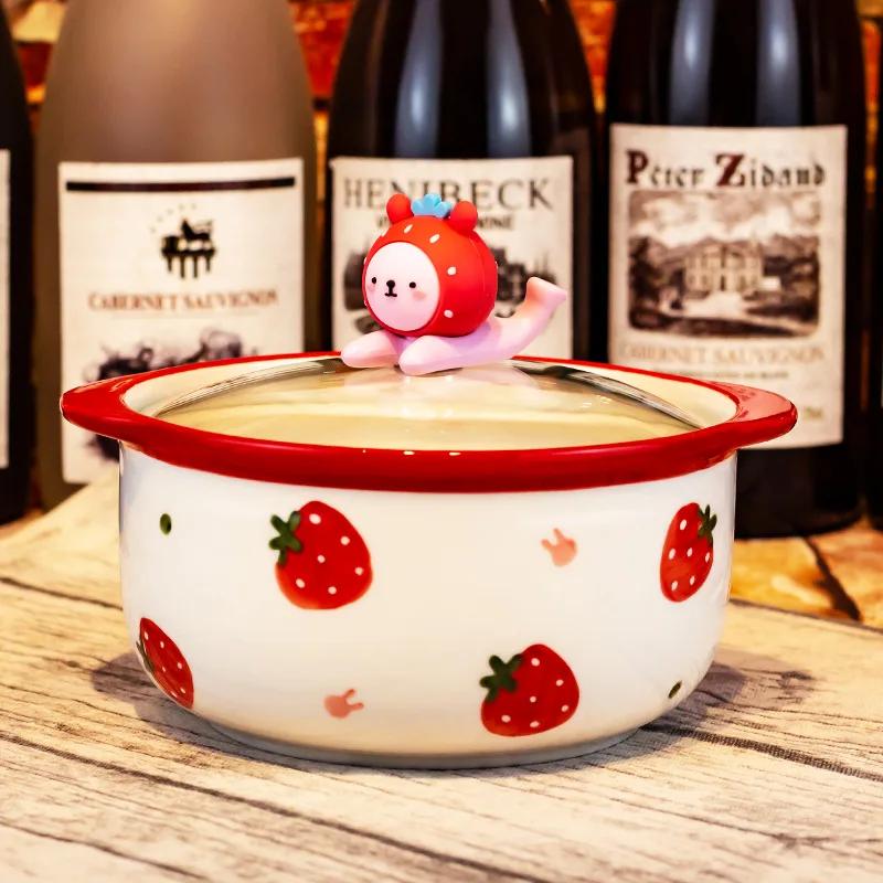 Кавайная керамическая миска для рамэна с клубникой, персиком и крышкой, милая кухонная большая лапша быстрого приготовления, фруктовый салат, рисовый суп, миска, посуда