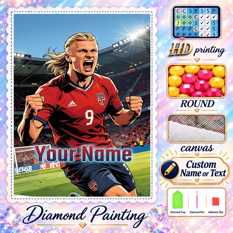 Erling Haaland 5D DIY Diamond Painting Custom Name Text, Full Drill Rhinestone Mosaic Art Home Gift