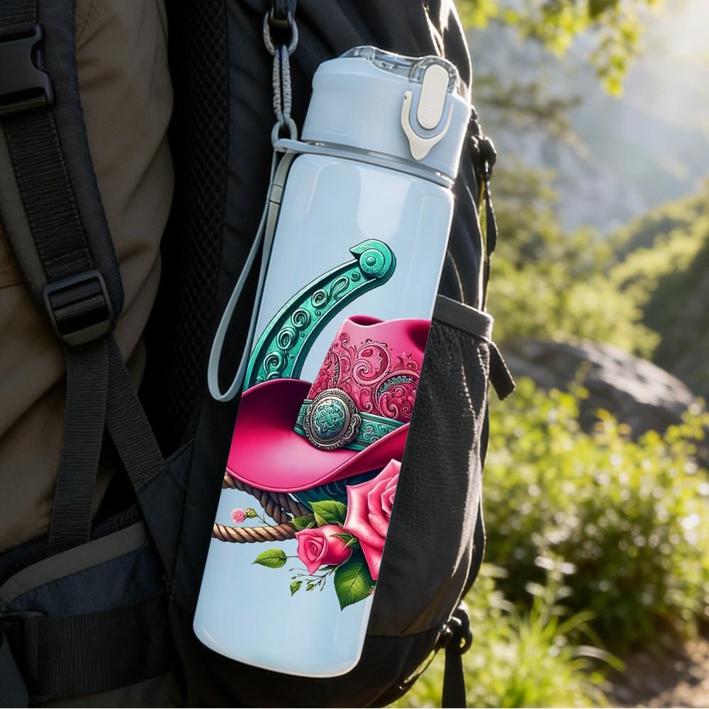 1PC Cowboy Hat Rose Vintage Pattern 750ml Color Plastic Sports Water Bottle Leakproof Flip Straw Lid Suitable for Sports Office Home Use
