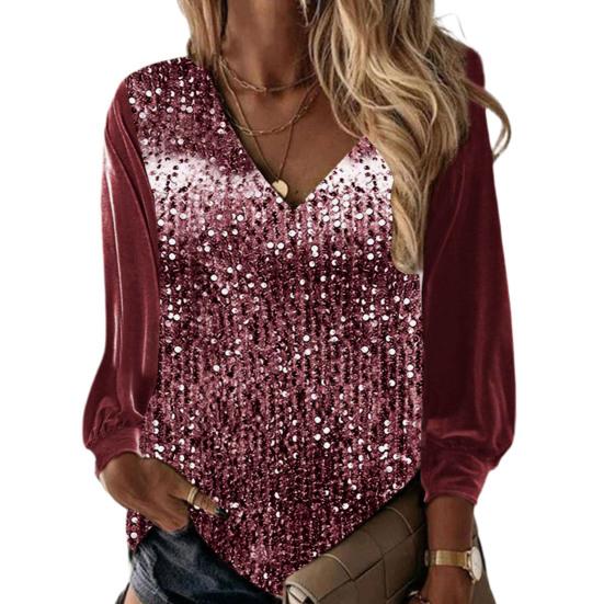 Осень-весна женский топ с блестящими пайетками и v-образным вырезом с длинными рукавами в стиле пэчворк, свободный пуловер, мягкий дышащий средней длины, женская рубашка, блузка
