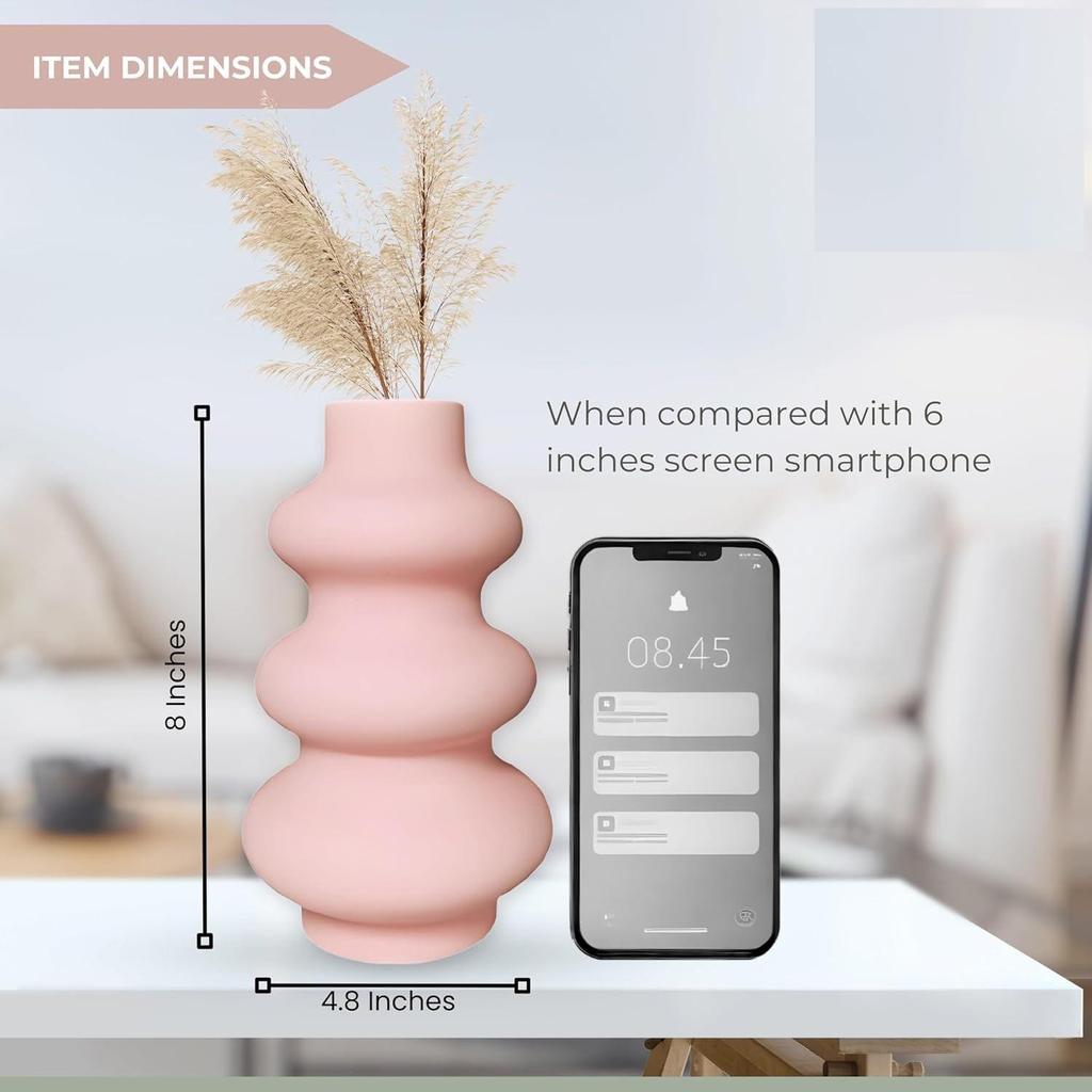 Керамическая ваза «Baby Pink Triple Ring» 8 дюймов — набор из 1 шт. | Декоративная ваза с тремя кольцами для сухоцветов и пампасной травы | Вазы для домашнего декора
