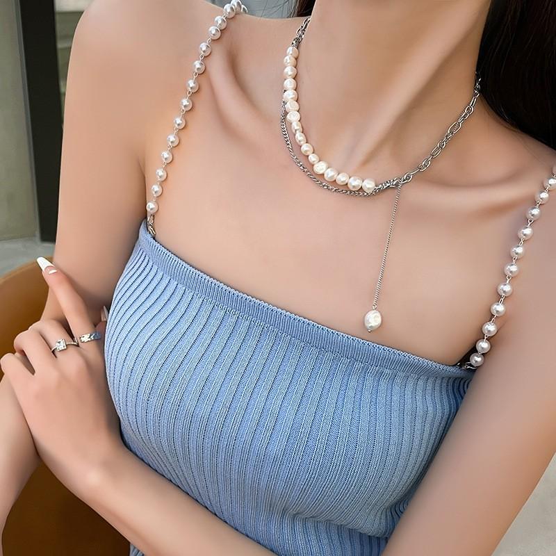 Baroque Freshwater Pearl Layered Necklace Women Tassel Choker Chain Fashion Jewelry