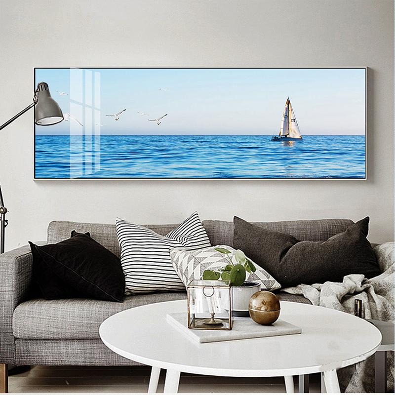 Голубое небо, облака, морской пейзаж, лодка, корабль, пейзаж, холст, живопись, постеры и принты, настенные панно для гостиной, домашний декор, без рамки