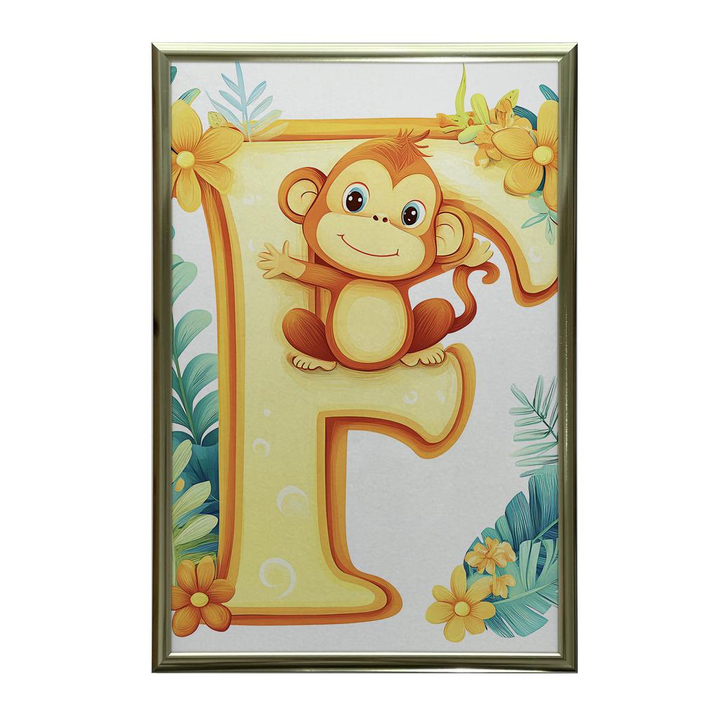 Poster Cheerful "F" With Monkey Poster Cheerful "F" With Monkey, 30X40 Cm, Dark Brown Wooden Frame, 230 Gsm Matte Paper