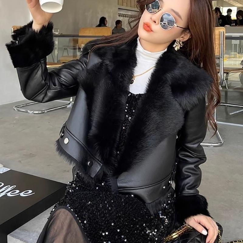 Autumn and Winter New Velvet Celebrity Daughter Gold Wind Big Lapel Imitation Fox Hair Pie Overcome Locomotive Suit Leather Jacket Short Coat Women