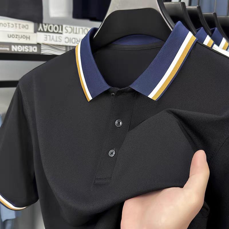 Роскошная модная мужская футболка-поло с коротким рукавом, летняя, высококачественный дышащий ледяной шелк, с полосатым колор-блоком, отложным воротником, футболка
