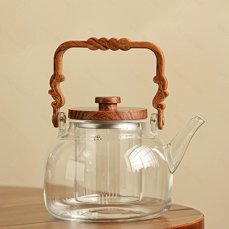 1 шт. Стеклянный чайник Стеклянный чайник для кипячения воды Чайник для заваривания чая с ручкой из цельного дерева Электрическая плита большой емкости или угольный огонь Доступен Esse