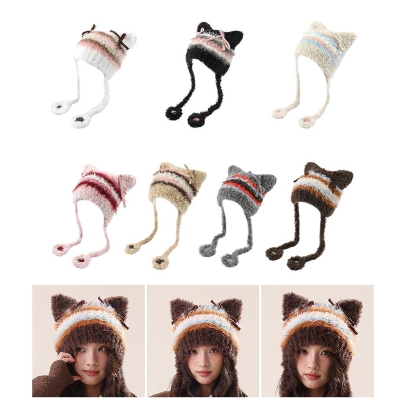 Furry Cartoon Head Cover with Ear for Outdoor Sports Striped Hat with Ear Oversized Headgear Hat for Winter