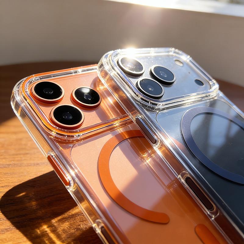 Прозрачный чехол для телефона для iPhone 17 16 15 14 13 Pro Max Plus 17 Air 16e Прозрачный для Magsafe Магнитный Беспроводной Металлический Чехол для Кнопок