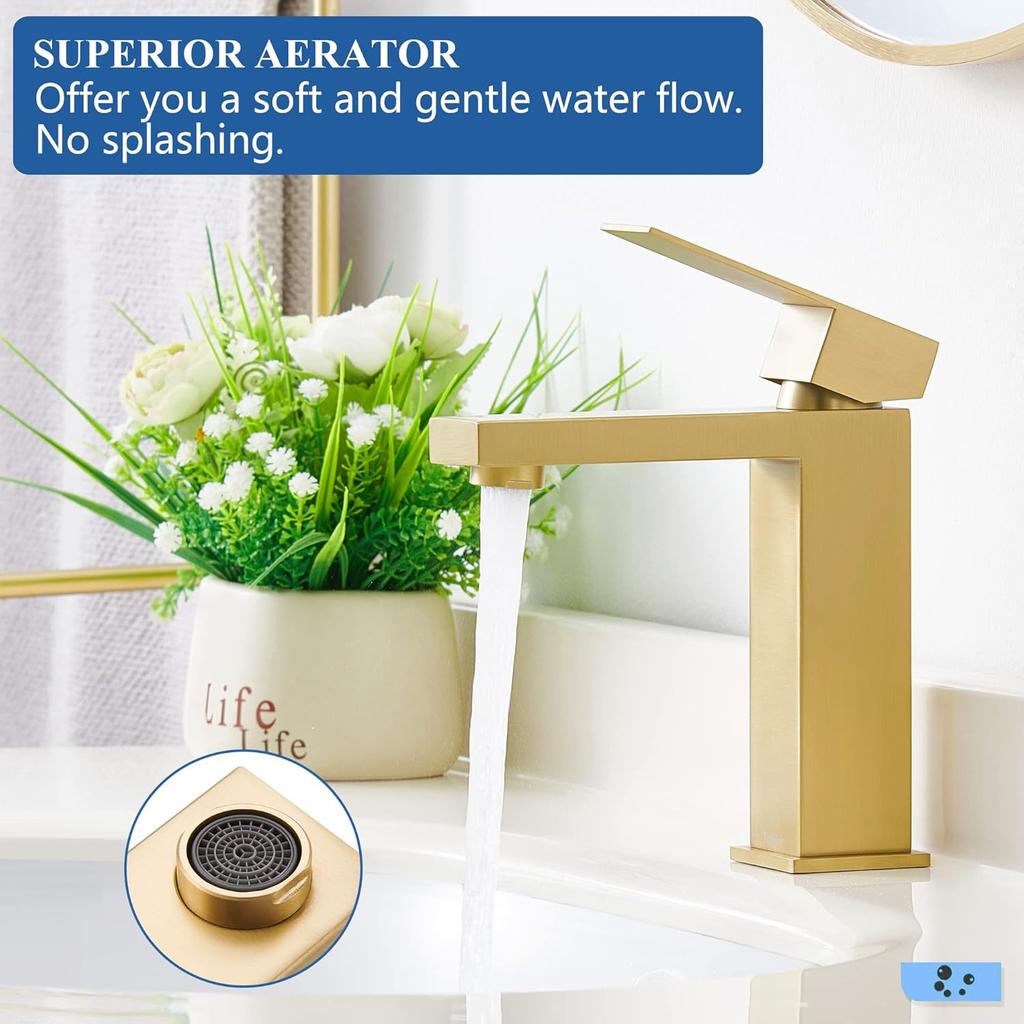 Смеситель для ванной комнаты Tohlar Gold, Смеситель из матового золота для раковины в ванной, Одно отверстие для смесителя в ванной комнате, Современный однорычажный смеситель для раковины с
