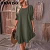 Spring Summer Women's Vintage Cotton/linen Mid-sleeve Round Neck Solid Color Loose Swing Dress