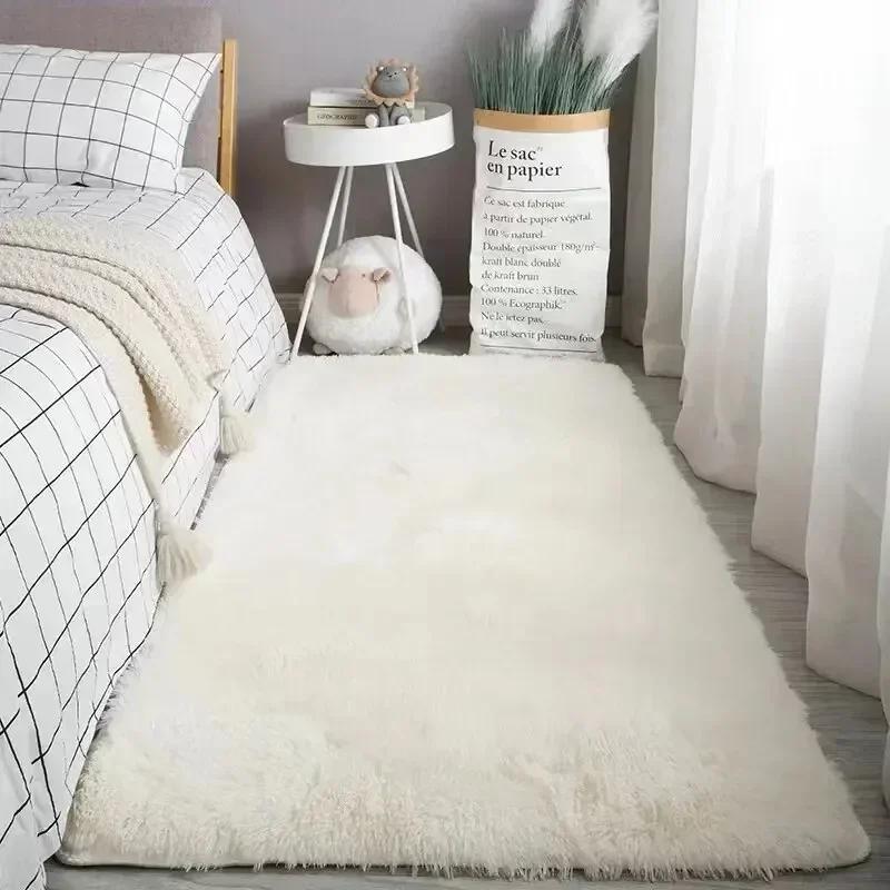 Fluffy Cream White Woolen Rug Solid Color Silk Wool Bedside Blanket Women's Room Rug Non Slip Bottom Living Room Mat Home Decor