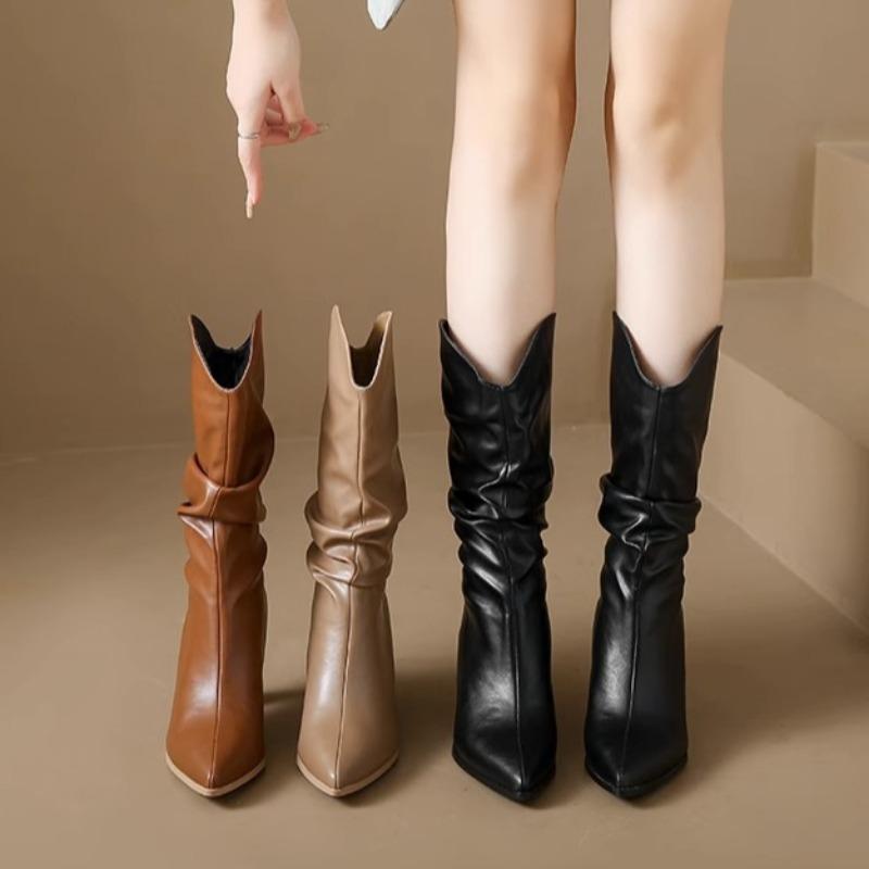 Женские сексуальные одинарные сапоги, кожаные сапоги со складками, высокие каблуки
