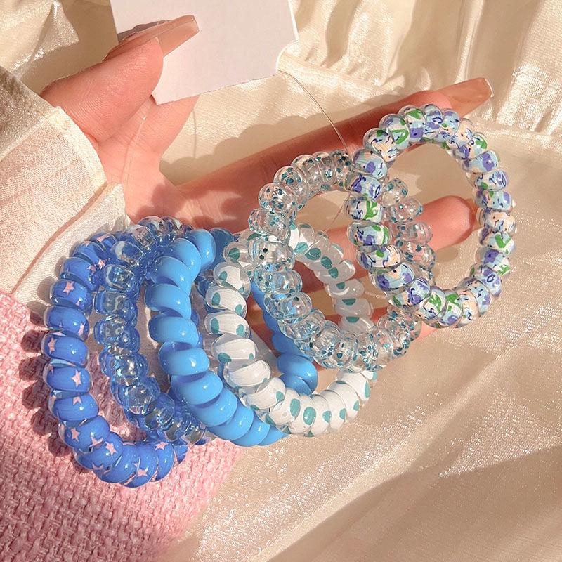 6Pcs/Set Women Fashion Telephone Wire Elastic Hair Band Colorful Printed Spiral Cord Rubber Band Hair Ties Hair Accessories Gift