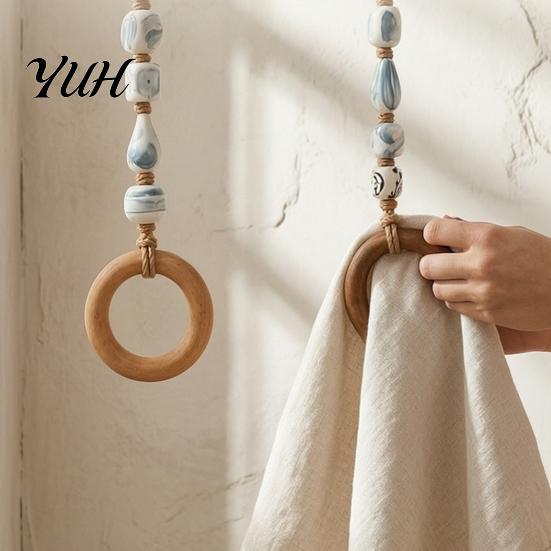 Functional Laundry Room Towel Loop Beaded Hanger with Wooden Ring, Farmhouse Rustic Hand Holder, Versatile Rack for Entryway Decorative Wall