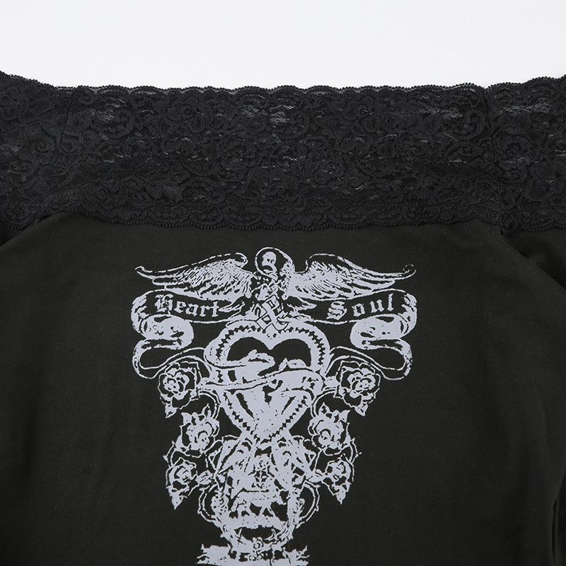 Женская футболка с длинным рукавом и темным ретро-принтом Clash Sexy Slim Lace Splicing на одно плечо