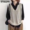 Retro Solid Color V-neck Knitted Vest for Women Spring and Autumn Loose Sweater Tank Top for Women