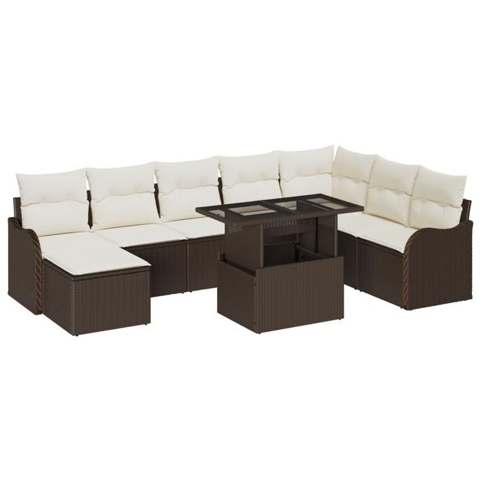 9-piece Garden Sofa Set with Brown Poly Rattan Cushions, 2-seater Garden Sofa with Cushions 3348514