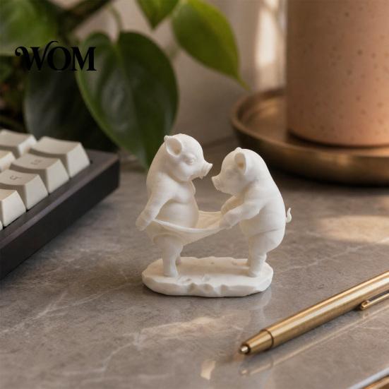 Detailed 3D Printed Ornament Double Pig Pulling Ornament, Mini Size Figurine, Cute Desk Decor Funny Healing Desktop Decorative Sculpture, for