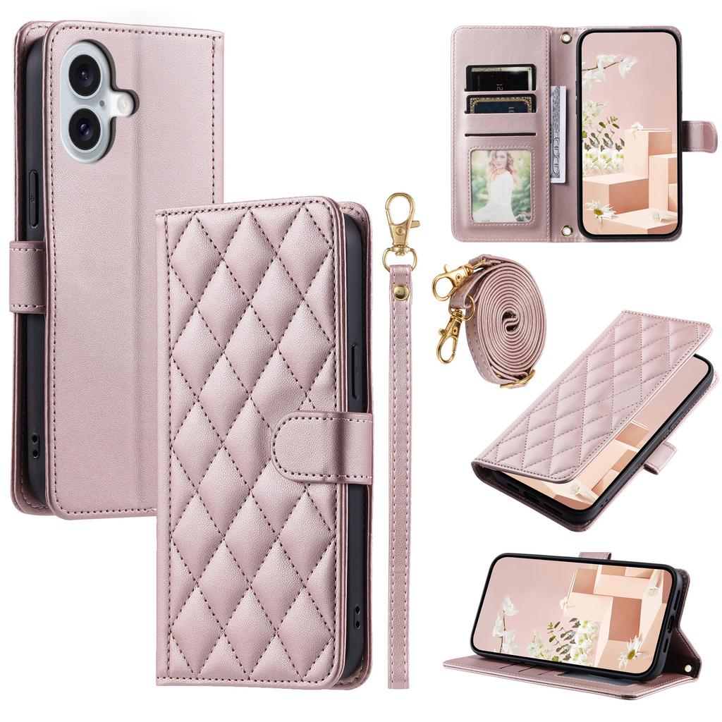 For iPhone 16 Case Rhombus Grid Leather Phone Cover with 2 Straps
