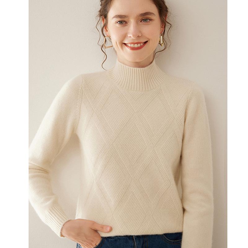 Women's 2025 Fall/Winter Seven-Stitch Cashmere Half-High Neck Long Sleeve Pullover Sweater