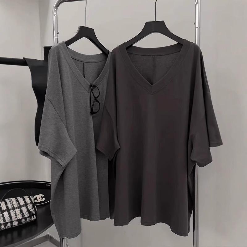 Футболка Женская Хлопок Лето Повседневная Большого Размера Свободная V-образный Вырез Однотонная Пуловер Короткий Рукав Топы