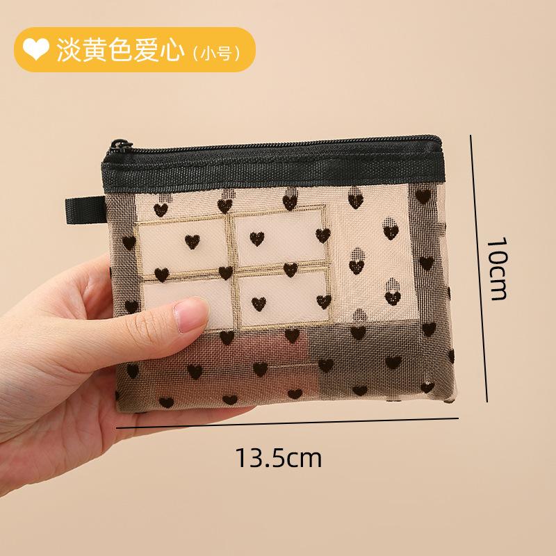 New Heart-Shaped Mesh Makeup Bag Portable Lipstick Makeup Brush Storage Bag Compact Visual Mesh Storage Pouch
